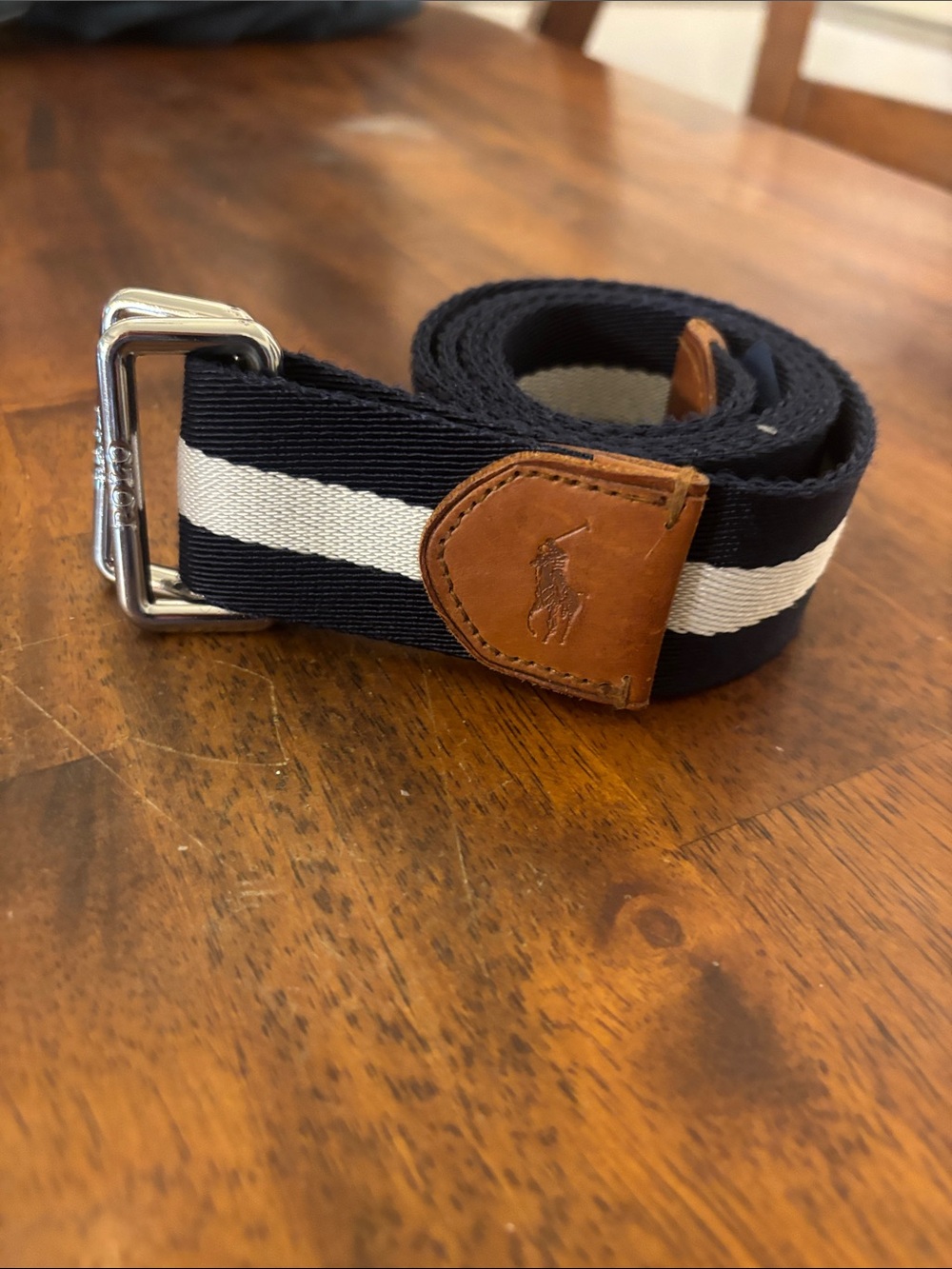 Ralph Lauren Navy and White Striped Webbing Belt with Tan Leather Accent Mens Sm